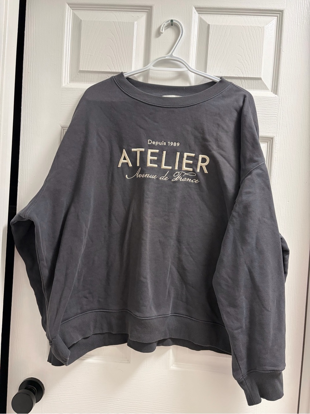 H&M Gray Crewneck Sweater with Cream 'Atelier' Embroidery